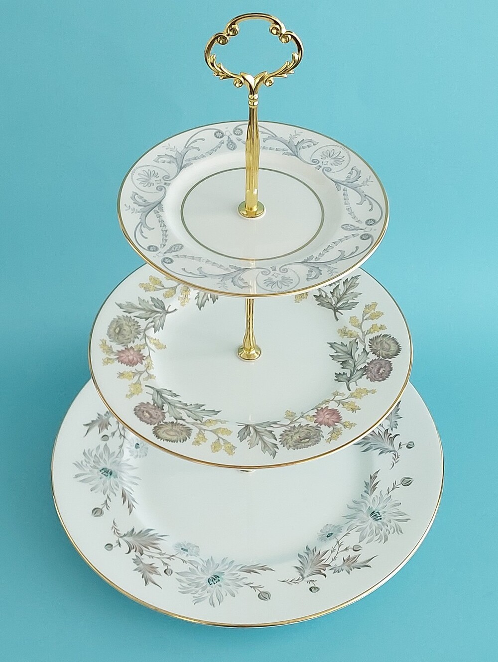 Vintage English Bone China 3-Tier Cake Stand Mismatched Floral Collectible Handm